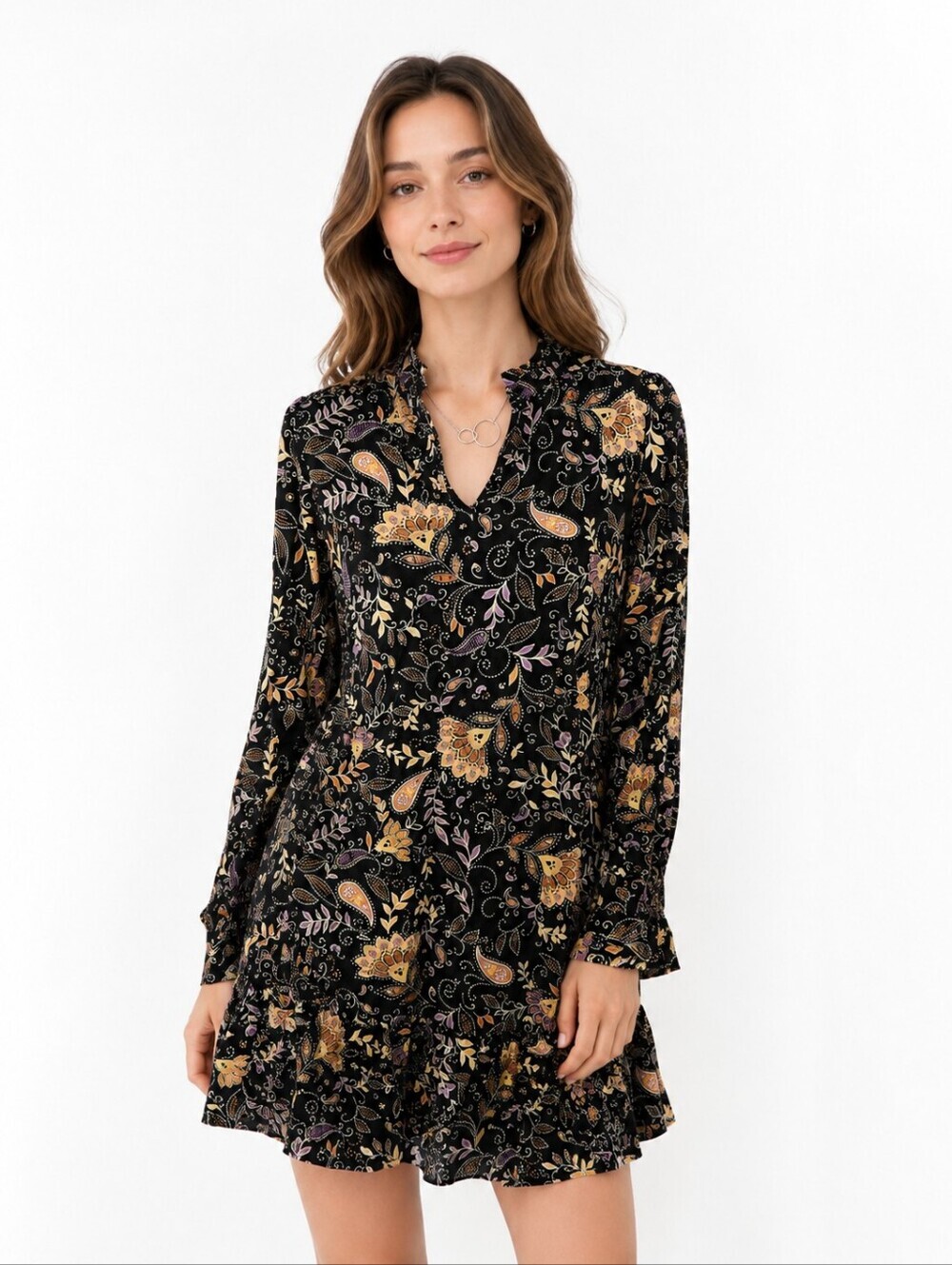 Michael Stars Black Floral Paisley Long-Sleeve Dress